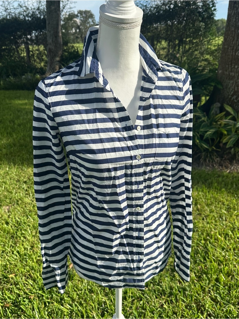 J. Crew Navy and White Striped Cotton Button-Down Shirt